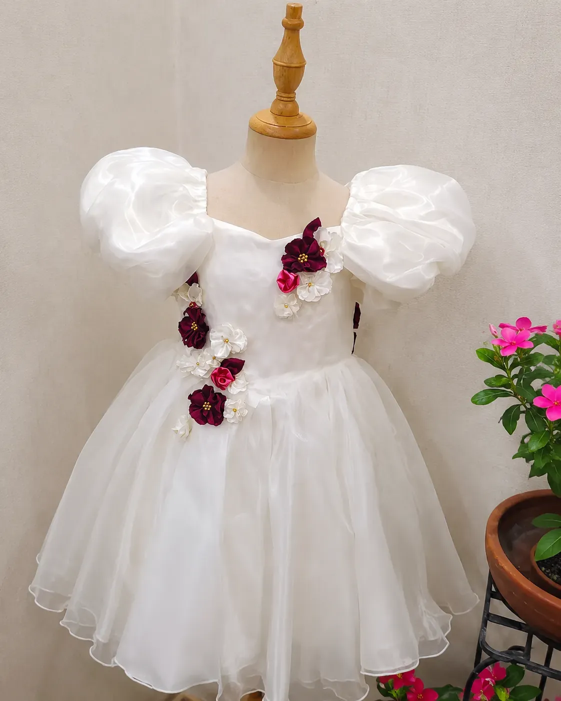 Off White Organza Frock with Bubble Sleeve and Back Bow